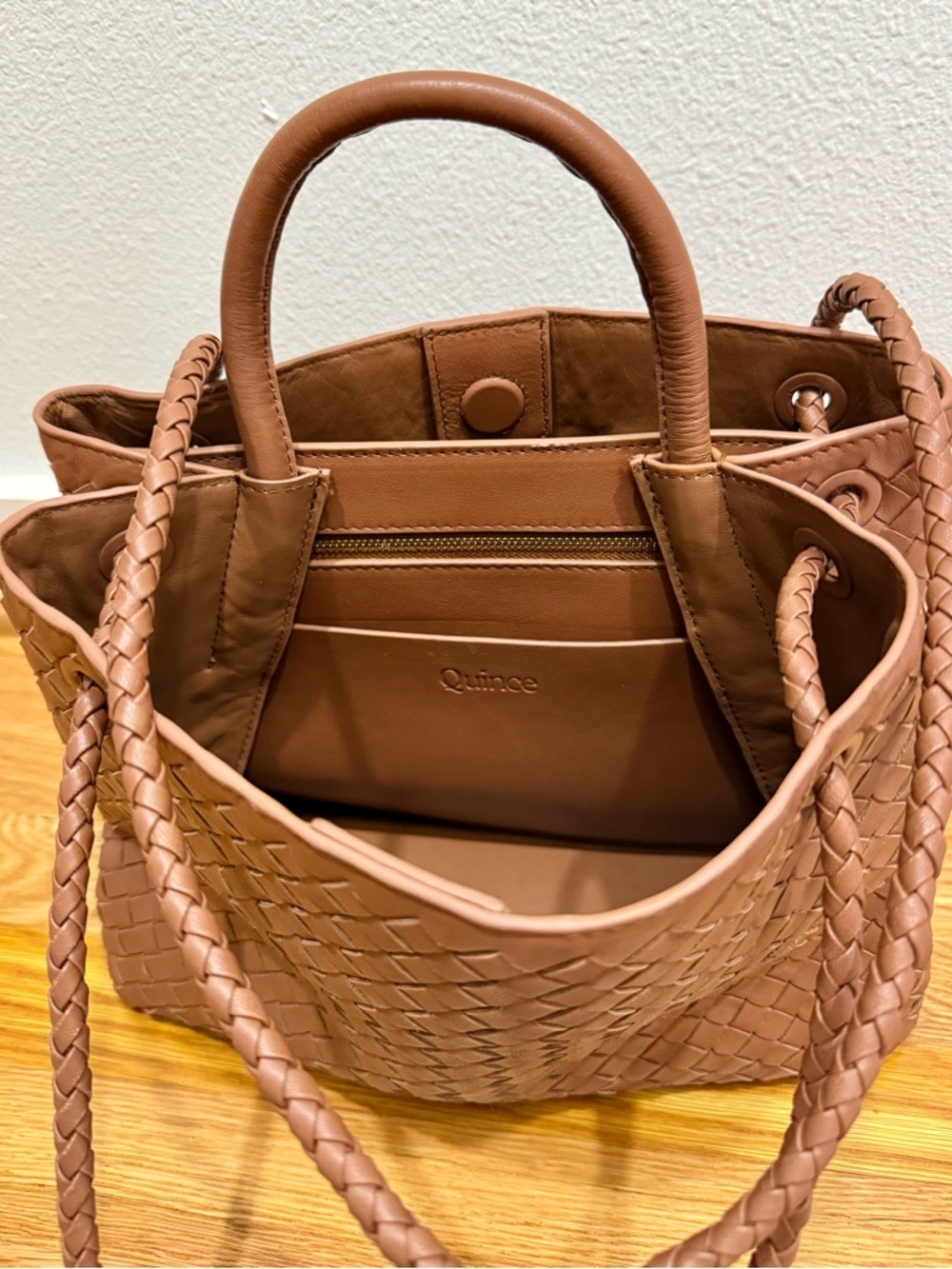 Large Quince Italian Leather Handwoven Satchel Cognac Woven Crossbody Tote Purse - Picture 4 of 6
